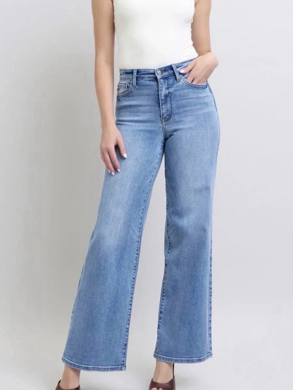 NEW Judy Blue Wide-Leg Med Wash Size 14W Denim Jeans 5-Pkt Button Zip W/Tags $79
